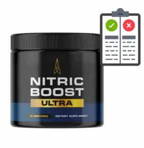 Nitric Boost Ultra review: Bottle with pros and cons illustration – highlighting benefits and drawbacks