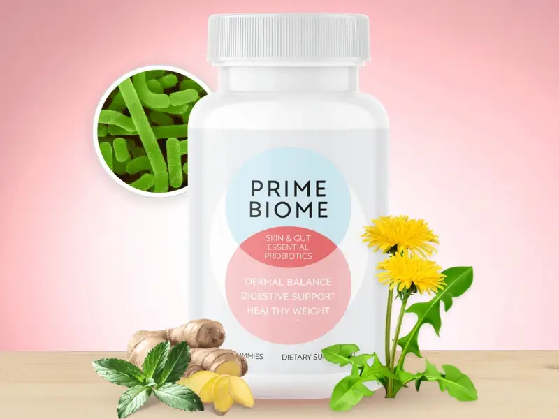 Probiotic supplement bottle surrounded by its natural ingredients and a microscope slide image showing probiotic bacilli, highlighting its live cultures for gut health. This image links to the sales page.