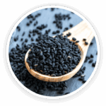 Prime Biome review: a close-up image of a wooden spoon filled with dark, tiny Babchi (Psoralea Corylifolia) seeds, a key ingredient.