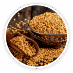 Prime Biome review: a close-up image of a wooden bowl and scoop full of small, golden fenugreek seeds, a key ingredient.