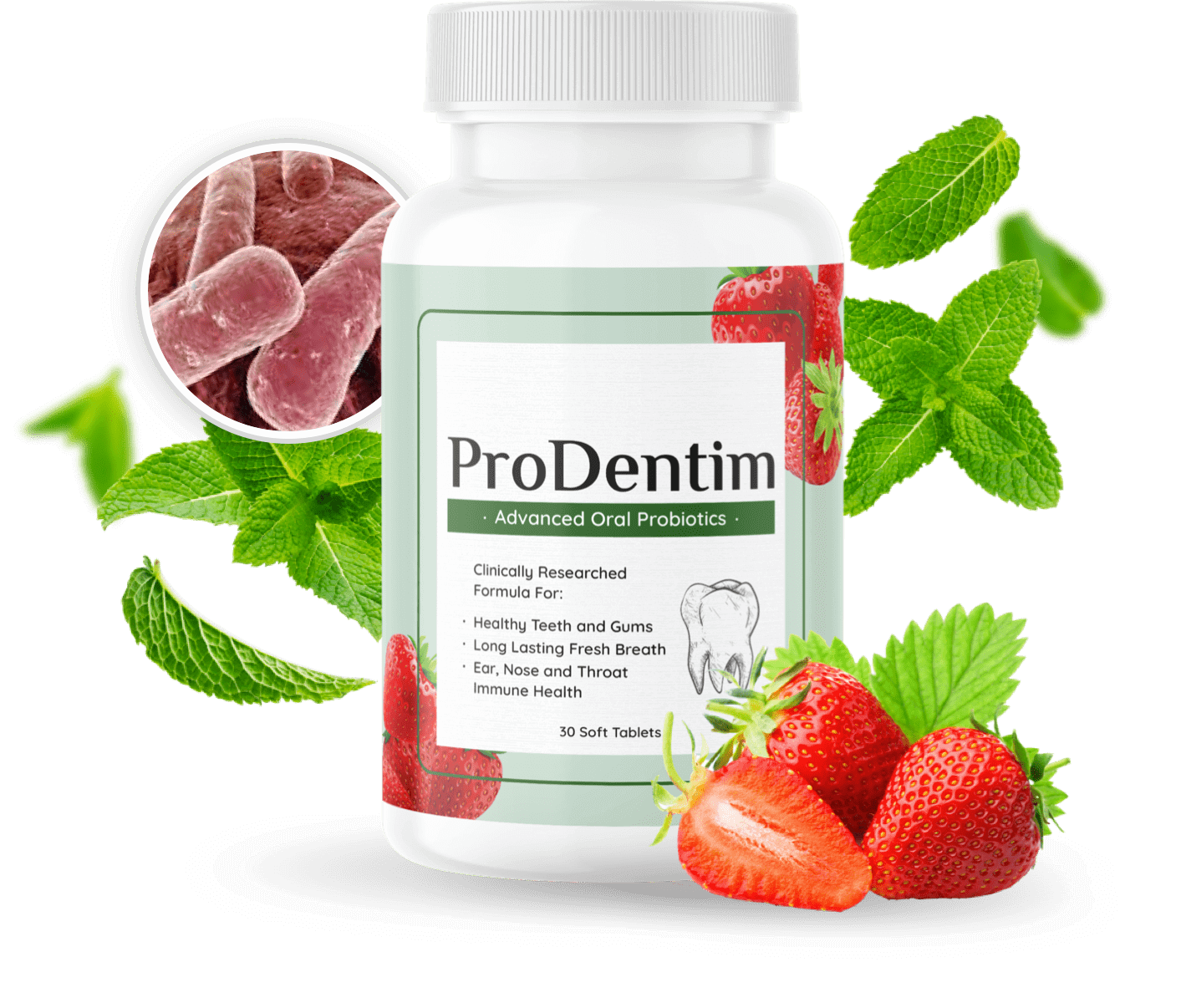 Prodentim oral health supplement bottle, surrounded by its natural ingredients and a microscope slide showing lactobacillus probiotics, highlighting its live cultures for healthy teeth and gums. This image links to the Prodentim sales page.