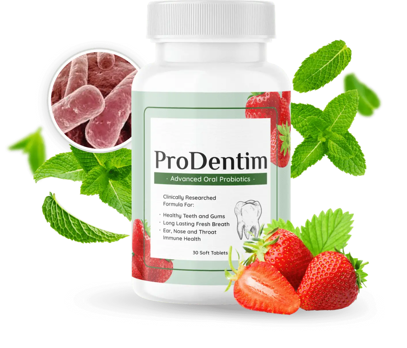 Prodentim oral health supplement bottle, surrounded by its natural ingredients and a microscope slide showing lactobacillus probiotics, highlighting its live cultures for healthy teeth and gums. This image links to the Prodentim sales page.