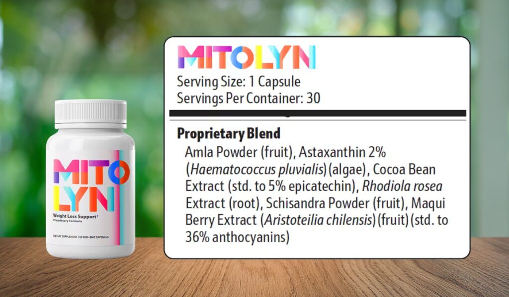 Mitolyn supplement bottle and label screenshot in review – showing dosage, servings, and ingredients
