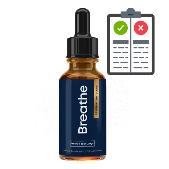 Breathe supplement review: Bottle with pros and cons summary illustration