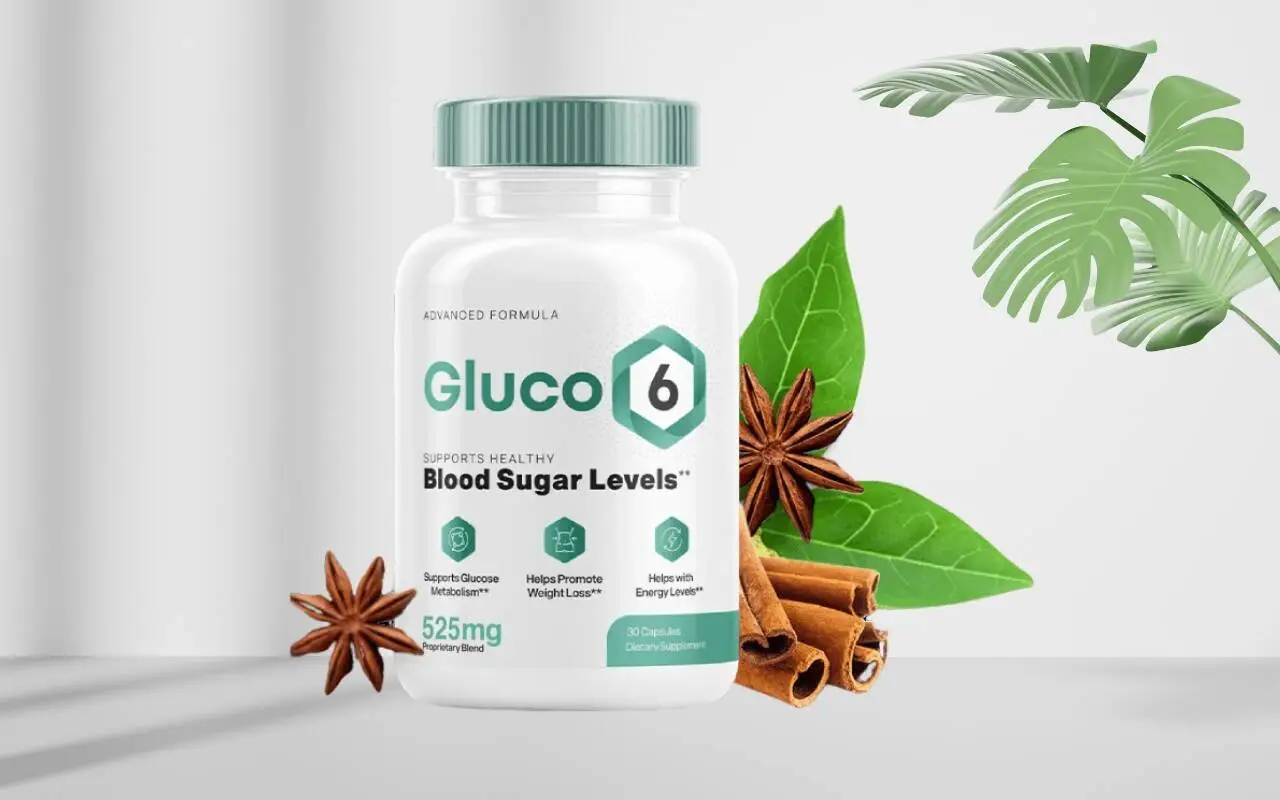 "Image of the Gluco6 bottle, a glucose control supplement, surrounded by its natural components in their raw form, such as leaves and spices, with decorative elements. The photo serves as a link for purchasing the product."