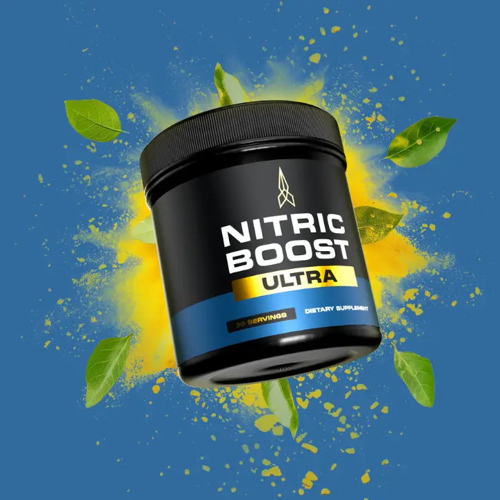 Image of the Nitric Boost Ultra supplement bottle, featuring fresh green foliage to highlight its natural composition. A bright yellow burst suggests the energy it provides. Click this photo to visit the Nitric Boost Ultra official sales site.