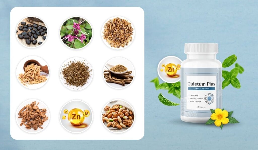 The Quietum Plus product bottle shown alongside its detailed back label, displaying supplement facts, ingredients, and usage instructions within a review article.