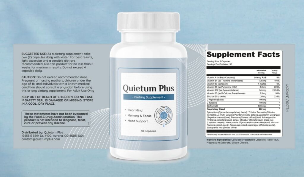 The Quietum Plus product bottle shown alongside its detailed back label, displaying supplement facts, ingredients, and usage instructions within a review article.
