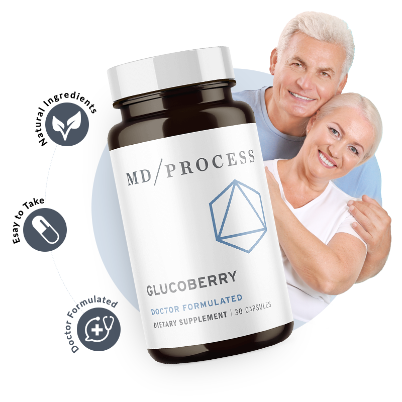 Happy elderly couple embracing, with a gray-haired man and a blonde woman, positioned behind a bottle of MD/PROCESS GlucoBerry supplement. The product label is visible, along with three floating circular icons highlighting its key features: Natural Ingredients, Easy to Take, and Doctor Formulated. This image is linked to the product's sales page and is ideal for a blog post review, conveying trust, health, and well-being.