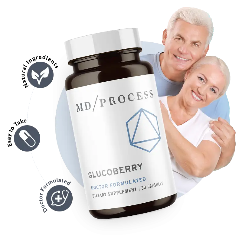 Happy elderly couple embracing, with a gray-haired man and a blonde woman, positioned behind a bottle of MD/PROCESS GlucoBerry supplement. The product label is visible, along with three floating circular icons highlighting its key features: Natural Ingredients, Easy to Take, and Doctor Formulated. This image is linked to the product's sales page and is ideal for a blog post review, conveying trust, health, and well-being.