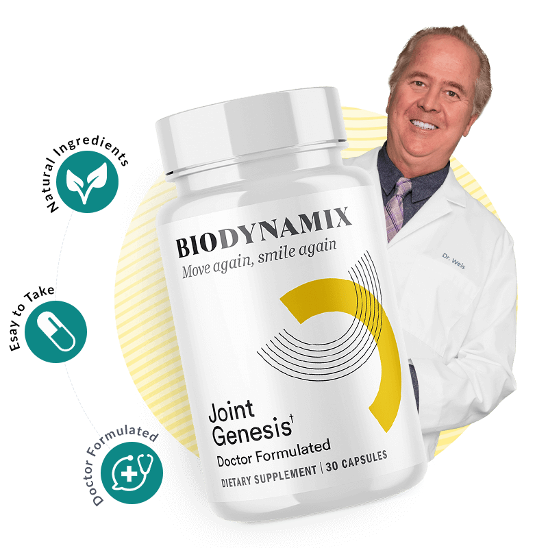 Image showing the Joint Genesis supplement bottle, with a medical professional behind it, confirming its doctor-formulated nature. Attributes like "easy to take" and "natural ingredients" are visible. Click this image to visit the Joint Genesis official site.