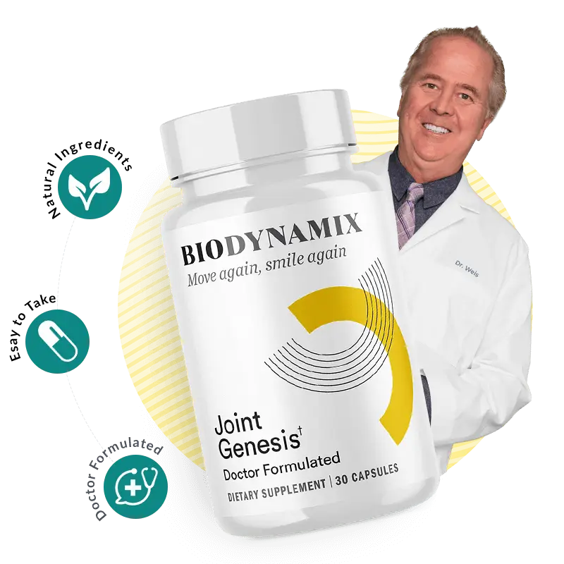 Image showing the Joint Genesis supplement bottle, with a medical professional behind it, confirming its doctor-formulated nature. Attributes like "easy to take" and "natural ingredients" are visible. Click this image to visit the Joint Genesis official site.