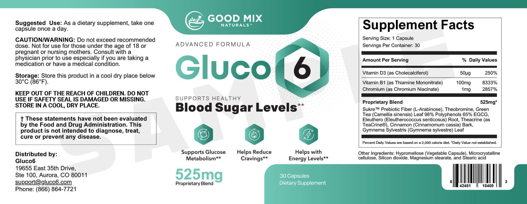 "Detailed image of the back label of a Gluco6 bottle, clearly displaying the nutritional information, full ingredient list, and directions for use."