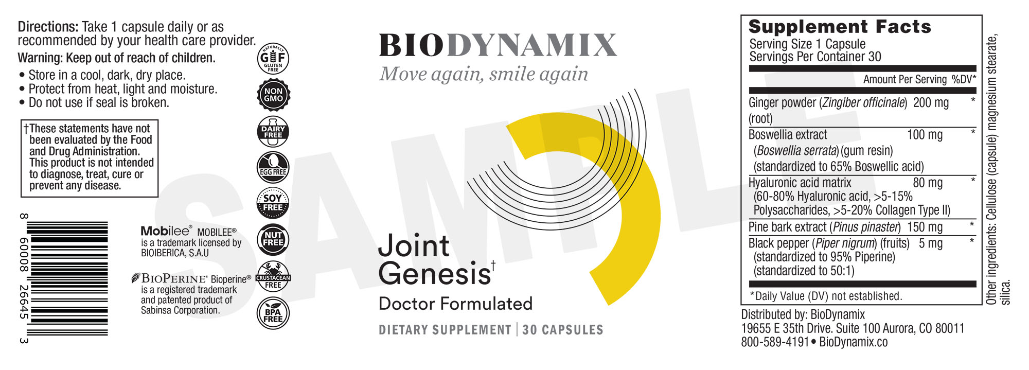 "Close-up of the Joint Genesis product label, showing detailed supplement facts, ingredients, and usage instructions as featured in the review article."
