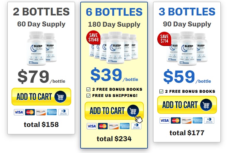 An image from the Sleep Lean review showing the product's pricing options. The three packages include a 2-bottle supply for $158, a 3-bottle supply for $177, and a highlighted 6-bottle package for a total of $234, which includes free shipping and bonus books.