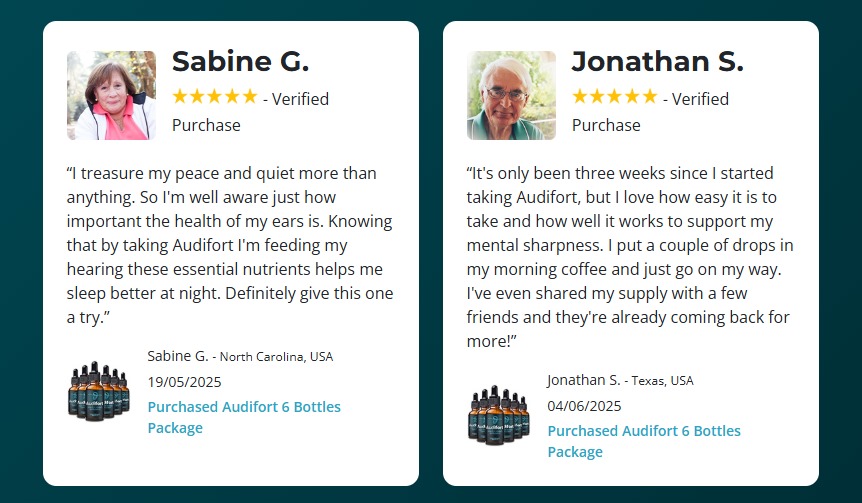 Audifort review graphic showing two customer testimonials from Sabine G. and Jonathan S., who praise the supplement for bringing peace and quiet, improving sleep, and supporting mental sharpness.