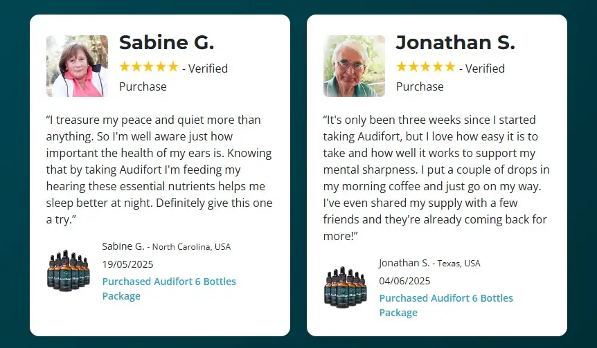 Audifort review graphic showing two customer testimonials from Sabine G. and Jonathan S., who praise the supplement for bringing peace and quiet, improving sleep, and supporting mental sharpness.