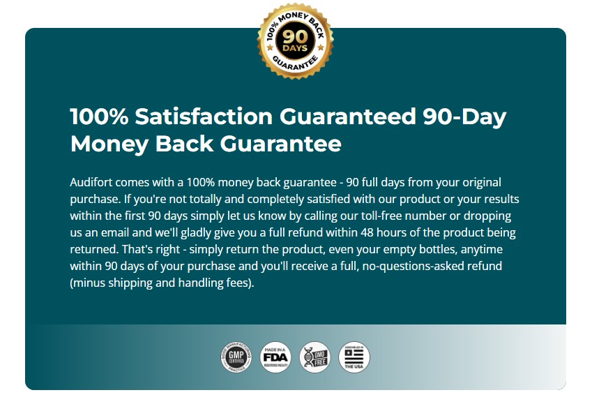 Audifort review: A graphic outlining the 100% satisfaction 90-day money-back guarantee, with text explaining the full refund policy. It also displays badges confirming the product is GMP Certified, made in an FDA Registered Facility, GMO-Free, and Made in the USA.