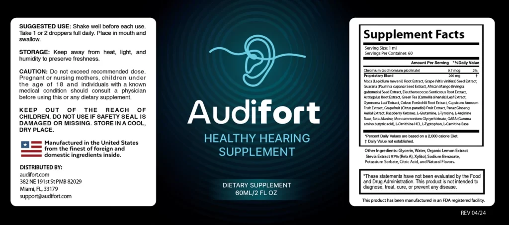 Audifort review: A full-panel view of the Audifort product label, showing Supplement Facts with a proprietary blend of ingredients like Maca, Grape Seed, Green Tea, and GABA. The label also includes suggested use, storage instructions, and a disclaimer.