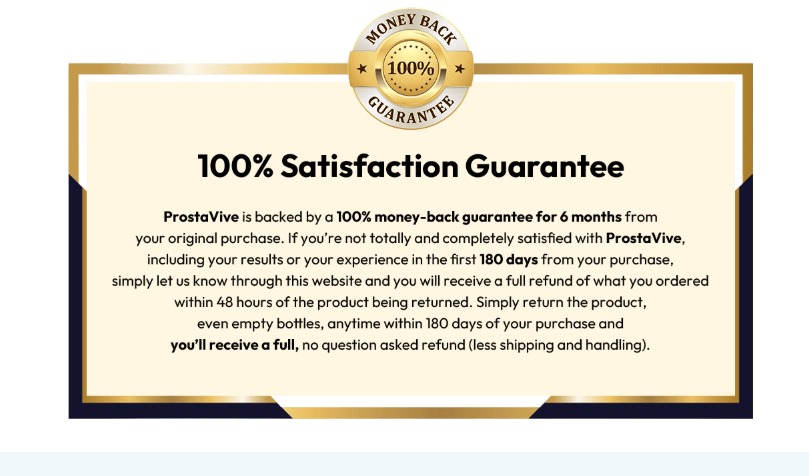 ProstaVive's 100% satisfaction and 180-day money-back guarantee, a key factor highlighted in this ProstaVive review.