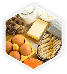 A variety of natural Vitamin D sources including eggs, salmon, sardines, mushrooms, butter, and cheese, relevant to a ProstaVive review.