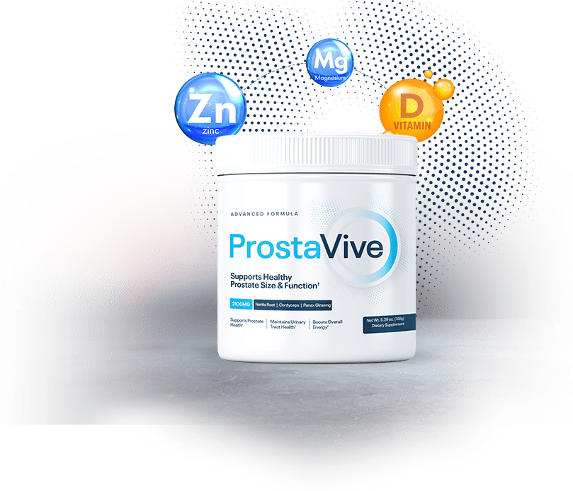 ProstaVive product image with floating symbols for Zinc (Zn), Magnesium (Mg), and Vitamin D, highlighting key ingredients in our ProstaVive review.