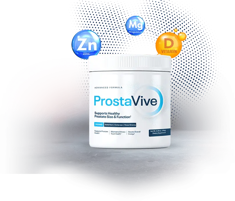 ProstaVive product image with floating symbols for Zinc (Zn), Magnesium (Mg), and Vitamin D, highlighting key ingredients.