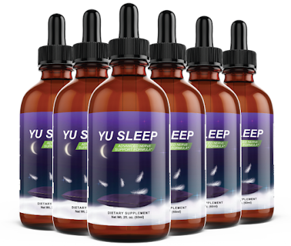 Six amber dropper bottles of Yu Sleep dietary supplement, a natural nano-enhanced sleep aid, acting as a clickable link for this Yu Sleep review to visit the official product sales page.