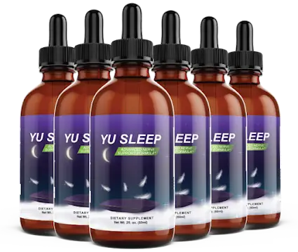 Six amber dropper bottles of Yu Sleep dietary supplement, a natural nano-enhanced sleep aid, acting as a clickable link for this Yu Sleep review to visit the official product sales page.