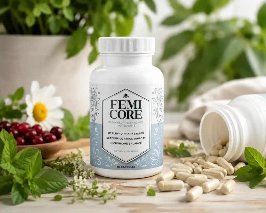 Femicore review: A white bottle of Femicore supplement standing next to a spilled bottle with capsules, displayed with cranberries, a white flower, and green herbs on a wooden table.