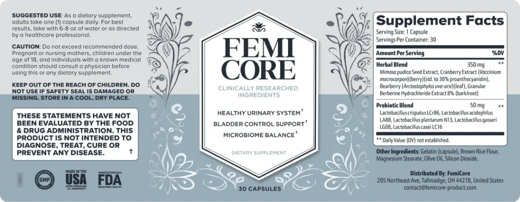 Femicore Supplement Facts label showing Herbal Blend and Probiotic Blend details for a comprehensive Femicore review.