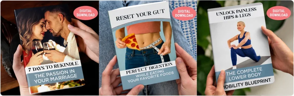 Three Femicore bonus books titled 7 Days to Rekindle, Reset Your Gut, and Unlock Painless Hips and Legs for Femicore review.