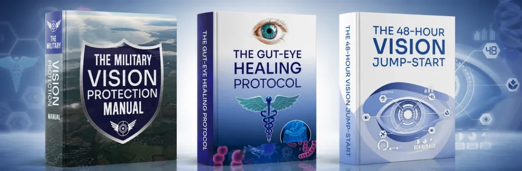 Three VisiFlora bonus books including The Military Vision Protection Manual, The Gut-Eye Healing Protocol, and The 48-Hour Vision Jump-Start for VisiFlora review.