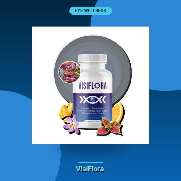 VisiFlora review: A white bottle of VisiFlora supplement with a blue label, displayed against a gray circular background with an orange slice and purple flowers.