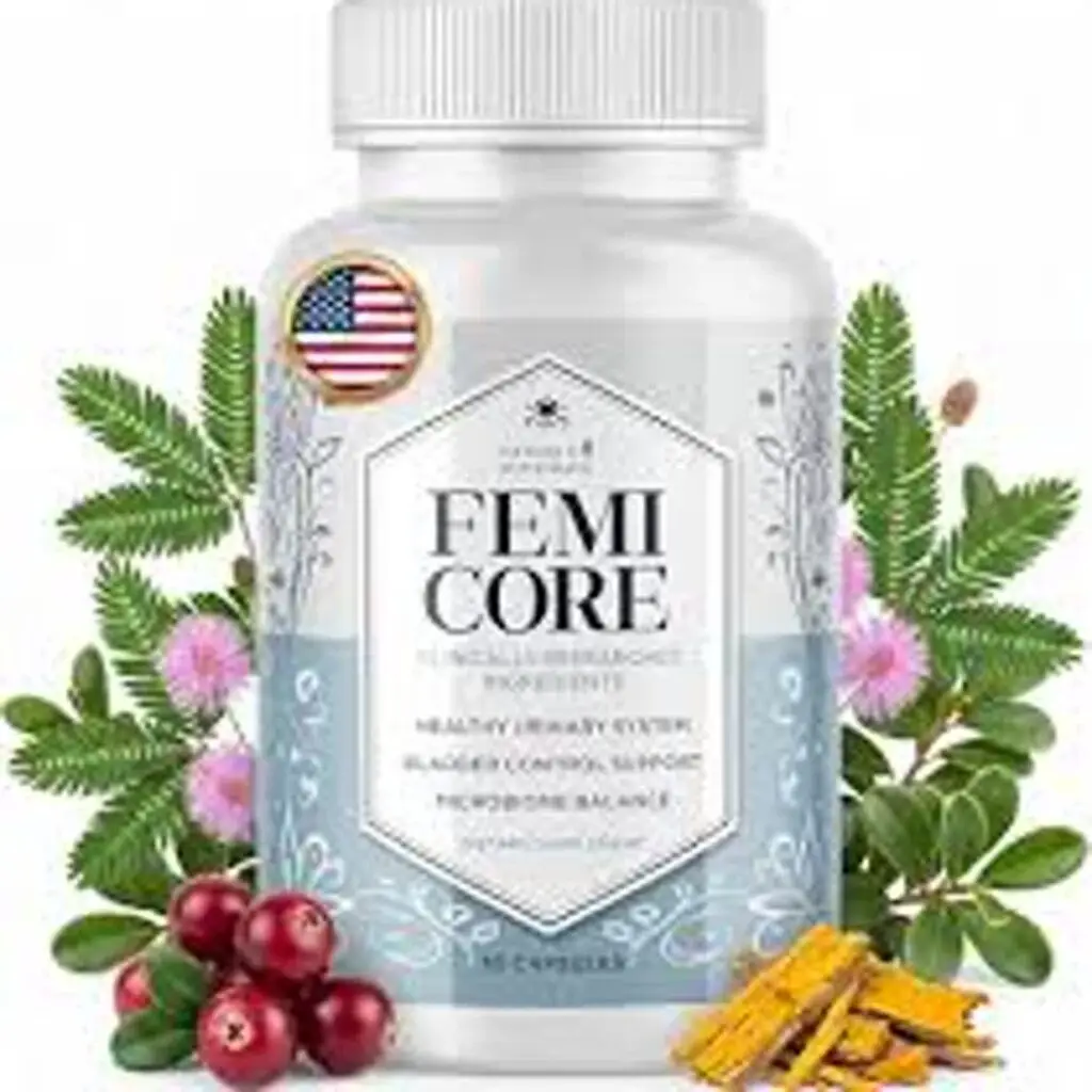 FemiCore review: White supplement bottle with ingredients like cranberry and mimosa pudica on a clean background.